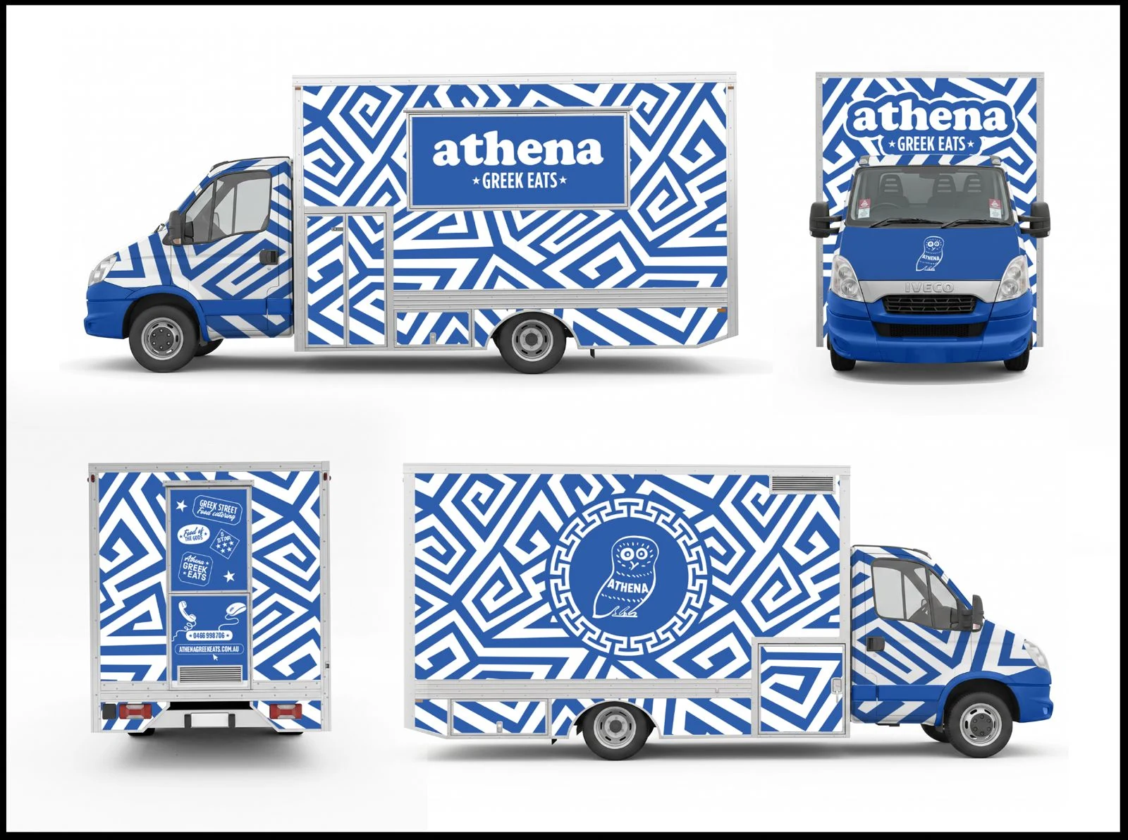 Design preview of Athena's second food truck in blue and white